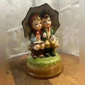 Vintage  Porcelain Musical Figurine Tilso Boy Girl Umbrella 6-1/2" High